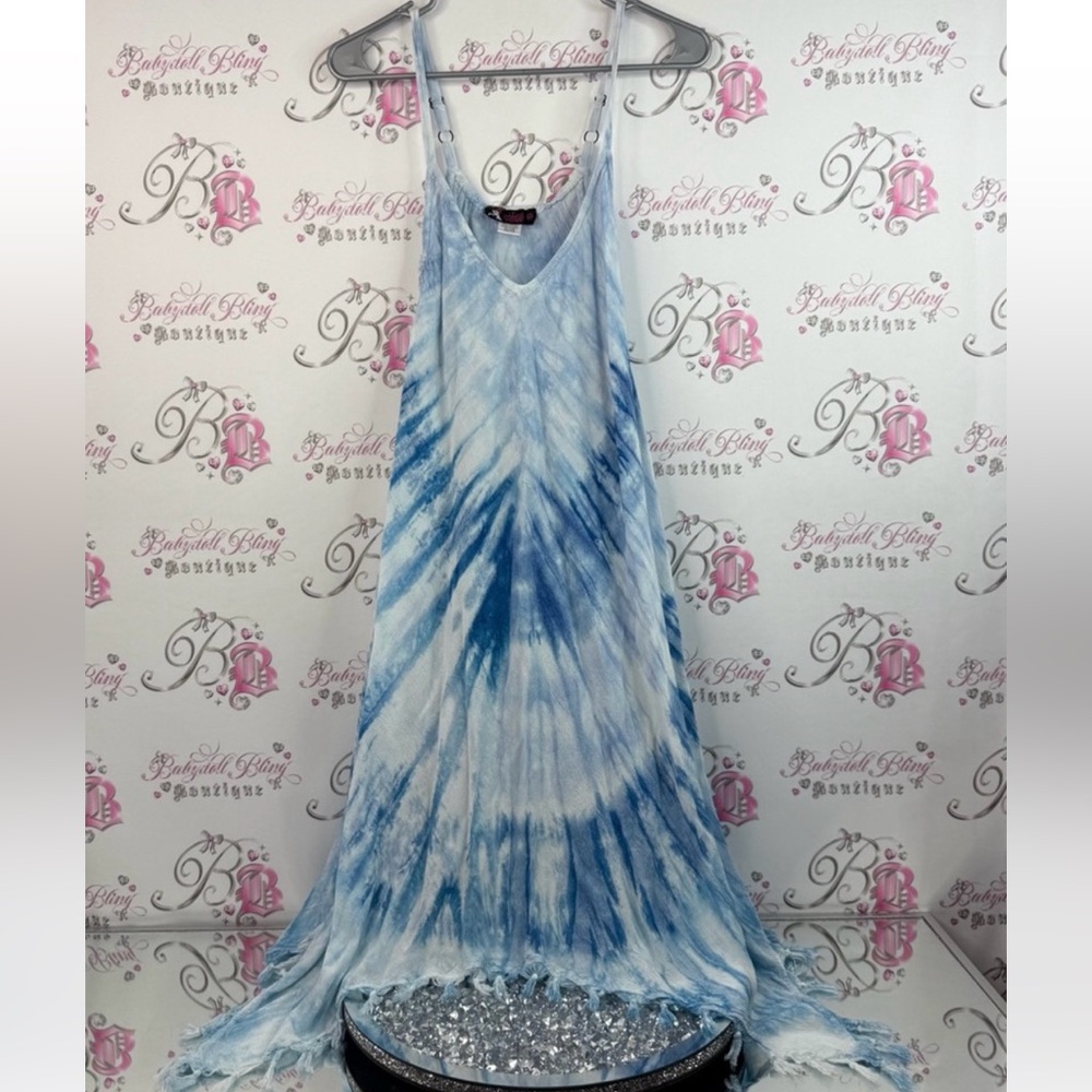 Model France dress long maxi tassel bottom details light Blue Tie-Dye Dress